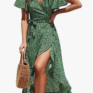 Women's Boho V Neck Ruffle Floral Wrap Maxi Dress